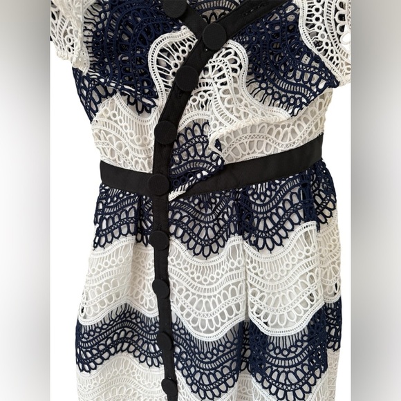 Self-Portrait Neavy blue white strip lace frill off shoulder mini dress US2 UK6 - Picture 4 of 7